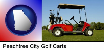 a red golf cart and golf clubs on a golf course in Peachtree City, GA