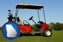 a red golf cart and golf clubs on a golf course - with GA icon