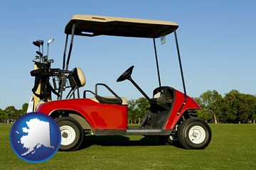 a red golf cart and golf clubs on a golf course - with Alaska icon
