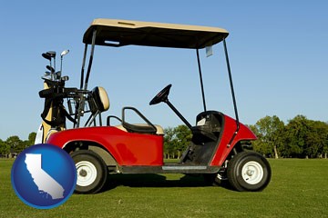 a red golf cart and golf clubs on a golf course - with California icon