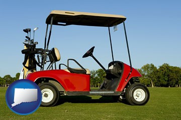 a red golf cart and golf clubs on a golf course - with Connecticut icon