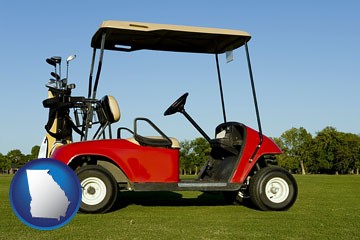 a red golf cart and golf clubs on a golf course - with Georgia icon