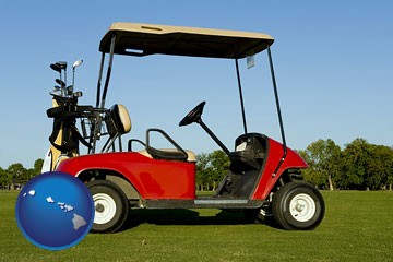 a red golf cart and golf clubs on a golf course - with Hawaii icon