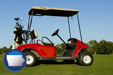a red golf cart and golf clubs on a golf course - with Iowa icon