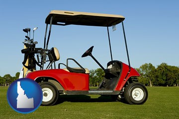 a red golf cart and golf clubs on a golf course - with Idaho icon
