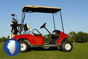 a red golf cart and golf clubs on a golf course - with Illinois icon