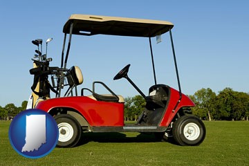 a red golf cart and golf clubs on a golf course - with Indiana icon