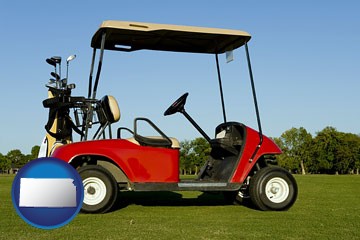 a red golf cart and golf clubs on a golf course - with Kansas icon