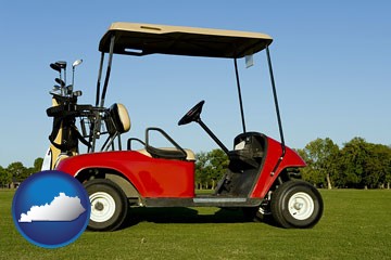 a red golf cart and golf clubs on a golf course - with Kentucky icon