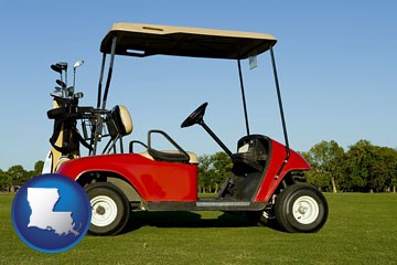 a red golf cart and golf clubs on a golf course - with Louisiana icon