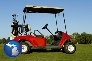 a red golf cart and golf clubs on a golf course - with Michigan icon