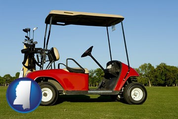 a red golf cart and golf clubs on a golf course - with Mississippi icon
