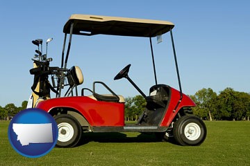a red golf cart and golf clubs on a golf course - with Montana icon