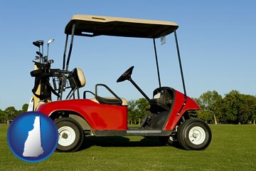 a red golf cart and golf clubs on a golf course - with New Hampshire icon