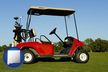 a red golf cart and golf clubs on a golf course - with New Mexico icon