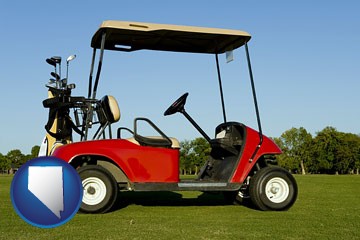 a red golf cart and golf clubs on a golf course - with Nevada icon