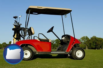 a red golf cart and golf clubs on a golf course - with Oregon icon
