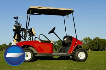 a red golf cart and golf clubs on a golf course - with Tennessee icon
