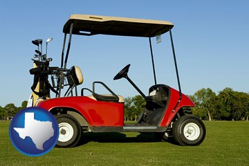 a red golf cart and golf clubs on a golf course - with Texas icon