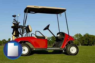 a red golf cart and golf clubs on a golf course - with Utah icon