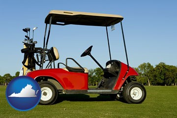 a red golf cart and golf clubs on a golf course - with Virginia icon
