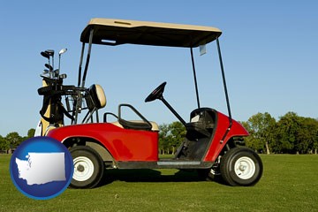 a red golf cart and golf clubs on a golf course - with Washington icon
