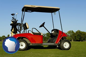 a red golf cart and golf clubs on a golf course - with Wisconsin icon