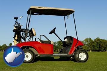 a red golf cart and golf clubs on a golf course - with West Virginia icon