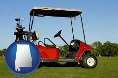 alabama map icon and a red golf cart and golf clubs on a golf course