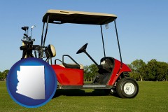 arizona map icon and a red golf cart and golf clubs on a golf course