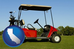 california map icon and a red golf cart and golf clubs on a golf course