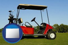 colorado map icon and a red golf cart and golf clubs on a golf course