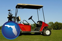 florida map icon and a red golf cart and golf clubs on a golf course