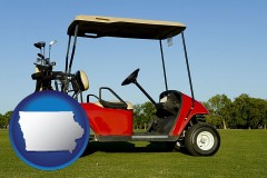 iowa map icon and a red golf cart and golf clubs on a golf course