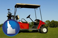 idaho map icon and a red golf cart and golf clubs on a golf course