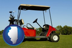 illinois map icon and a red golf cart and golf clubs on a golf course