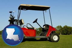 louisiana map icon and a red golf cart and golf clubs on a golf course