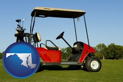 maryland map icon and a red golf cart and golf clubs on a golf course