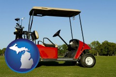 michigan map icon and a red golf cart and golf clubs on a golf course