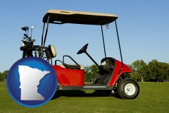 minnesota map icon and a red golf cart and golf clubs on a golf course