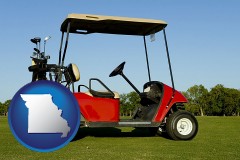 missouri map icon and a red golf cart and golf clubs on a golf course