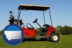 montana map icon and a red golf cart and golf clubs on a golf course