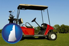 new-hampshire map icon and a red golf cart and golf clubs on a golf course