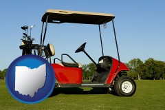 ohio map icon and a red golf cart and golf clubs on a golf course