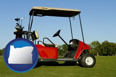 oregon map icon and a red golf cart and golf clubs on a golf course