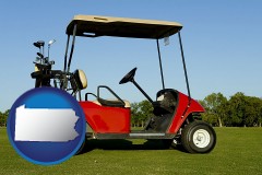 pennsylvania map icon and a red golf cart and golf clubs on a golf course