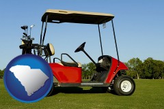 south-carolina map icon and a red golf cart and golf clubs on a golf course