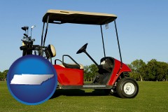 tennessee map icon and a red golf cart and golf clubs on a golf course