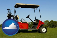 virginia map icon and a red golf cart and golf clubs on a golf course