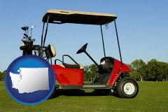 washington map icon and a red golf cart and golf clubs on a golf course